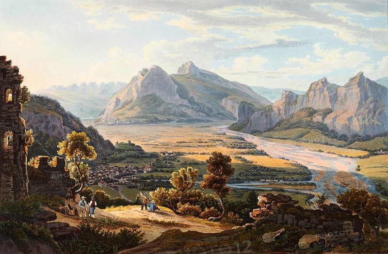 View of the Haldenstein ruins above Ragatz and the town of Sargans, in the Swiss canton of Graubünden, Switzerland, view from around 1830, digitally restored reproduction of a 19th century model by Johann Ludwig Bleuler (12 February 1792 - 28 March 1850), Swiss draughtsman and painter, Europe