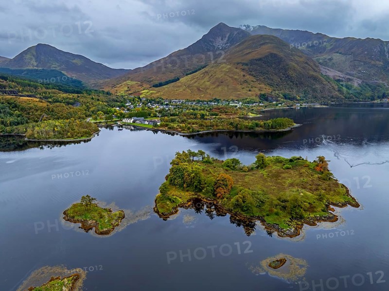 Mountains reflected in fjord, coast, island, autumn, cloudy, aerial view, Loch Leven, view of Ballachulish, Scotland, Great Britain