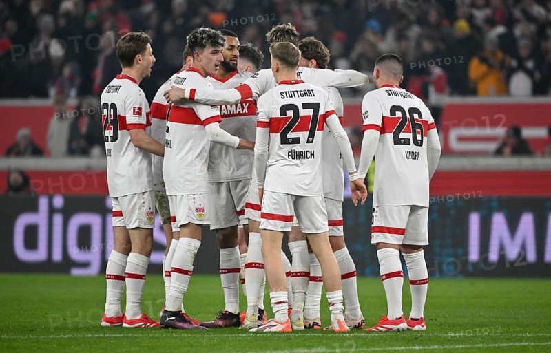 Goal celebration Anthony Rouault VfB Stuttgart (29) Ameen Al-Dakhil VfB Stuttgart (02) Josha Vagnoman VfB Stuttgart (04) Chris Fuehrich VfB Stuttgart (27) Atakan Karazor VfB Stuttgart (16) Deniz Undav VfB Stuttgart (26) MHPArena, MHP Arena Stuttgart, Baden-Württemberg, Germany, Europe