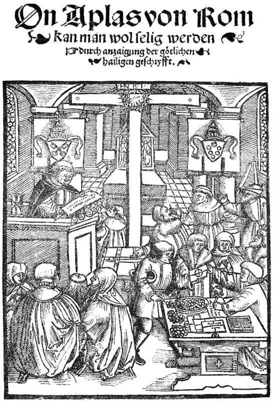 Facsimile, title page of a pamphlet from the early days of the Reformation, depiction of the trade in indulgences from Rome, interior of a church with altar, cross pulpit, many people, hustle and bustle, table full of coins, coat of arms, historical illustration 1883