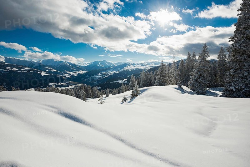 Snow-covered winter landscape, above Flims and Laax, view of the Vorderrheintal, Canton of Graubünden, Switzerland, Europe