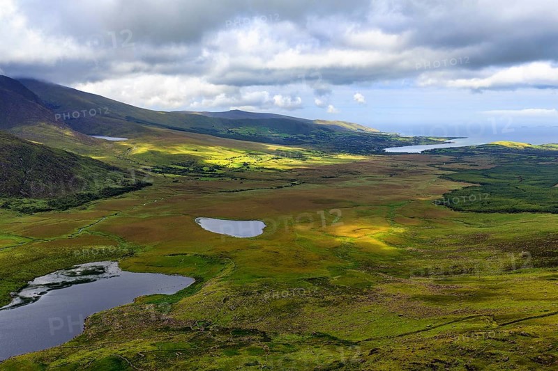 View from Connor Pass, also Conor Pass, to Brandon Bay, coastline, Dingle Peninsula, County Kerry, Wild Atlantic Way, Ireland, Europe