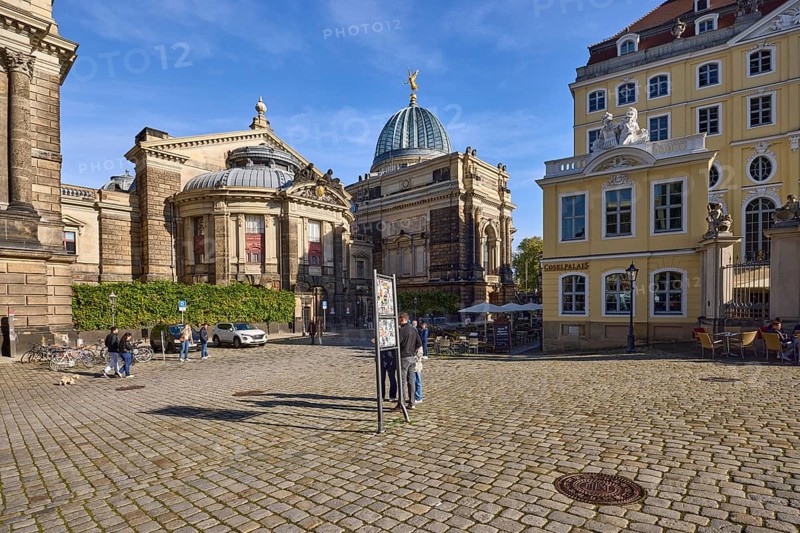 Academy of Fine Arts, Art Gallery, Historicist architectural style, lemon squeezer, architect Constantin Lipsius, Coselpalais restaurant and café in the Dresden Baroque architectural style, An der Frauenkirche street, Dresden, state capital, independent city, Saxony, Germany, Europe