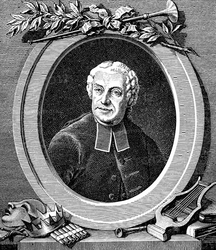 Pietro Antonio Domenico Metastasio (1698-1792), court poet at the imperial court of Vienna, librettist of operas, ornamentation, harp, flute, mask, crown, friendly look, history of German music, historical illustration 1892