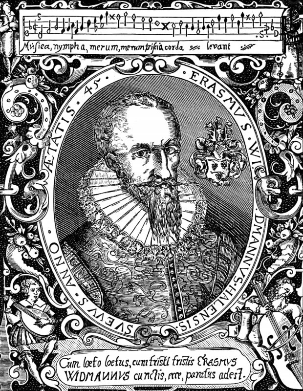 Erasmus Widmann (1572-1634), composer, bandmaster and organist to Count Wolfgang II, author of sacred motets, of Hohenlohe, rich ornamentation with string instruments, coat of arms, inscription, musical notes, elegant clothing, ruff, serious look, history of German music, historical illustration 1892