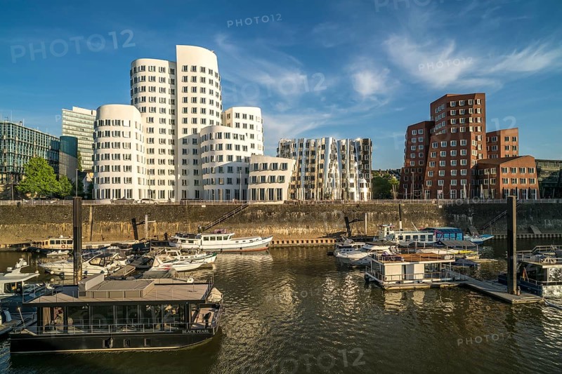 The Neue Zollhof with the Gehry buildings by architect and designer Frank Gehry in the Media Harbour, state capital Düsseldorf, North Rhine-Westphalia, Germany, Europe