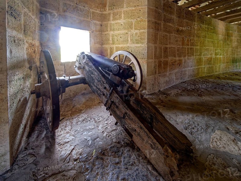 Cannon in the interior of the Spitalbastei at the Spitaltor gate in the historic centre of Rothenburg ob der Tauber. Rothenburg, Bavaria, Germany, Europe