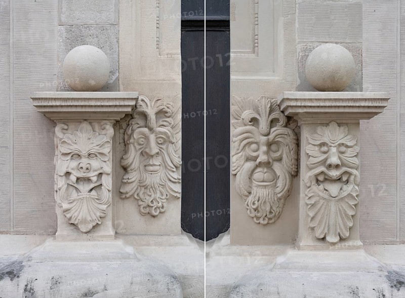 Grotesques on the capstones of the entrance portal of the Knaufmuseum, Iphofen, Lower Franconia, Bavaria, Germany, Europe