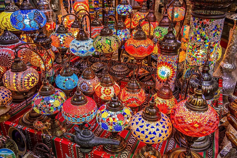Colourful glass lamps in the souk of Mutrah, Muscat, Arabian Peninsula, Sultanate of Oman