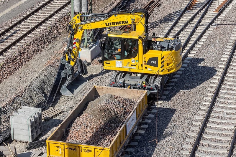 Untertürkheim railway sidings with construction machinery for track construction. Construction site for a sub-project of Stuttgart 21. Stuttgart, Baden-Württemberg, Germany, Europe