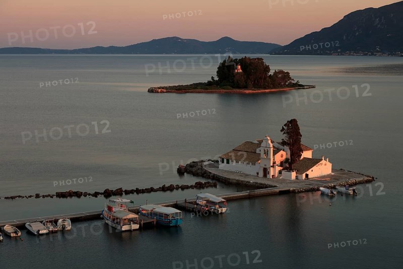 Vlachema Monastery and Pontikonissi Island, Corfu, Ionian Islands, Greece, Europe