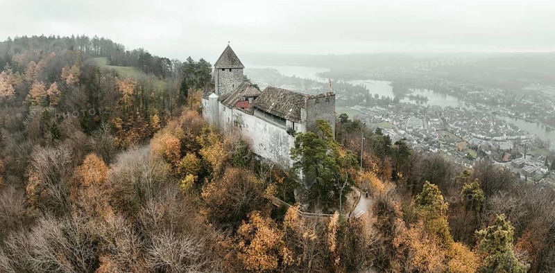 Aerial view, panorama of Hohenklingen Castle above Stein am Rhein on a foggy autumn day, Canton Schaffhausen, Switzerland, Europe