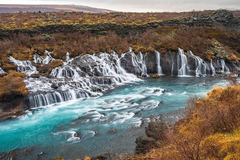 Hraunfossar, waterfalls in autumn, river Hvítá, West Iceland, Vesturland, Iceland, Europe