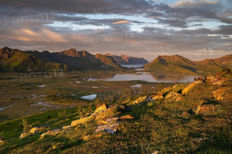 View of the coast and mountains from Mount Hoven, Gimsoy, Lofoten, Norway, Europe