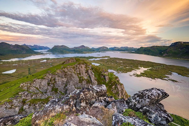 View of the coast and mountains from Mount Hoven, Gimsoy, Lofoten, Norway, Europe