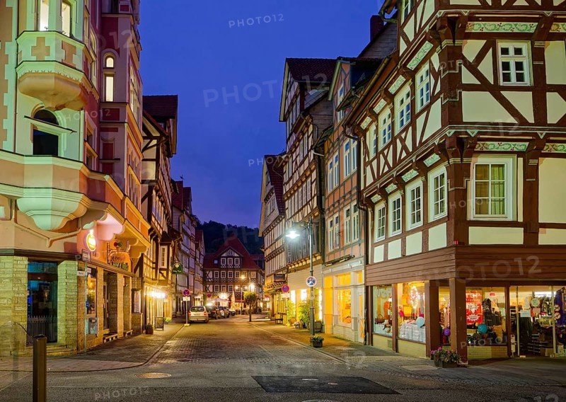 The Lange Straße in the old town centre of Hannoversch Münden with historic half-timbered houses in the evening. Hannoversch Münden, Lower Saxony, Germany, Europe