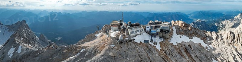 Alpine panorama, mountain station of the Zugspitzbahn, Zugspitze and Zugspitzplatt with glacier, high mountains, Bavaria, Germany, Europe