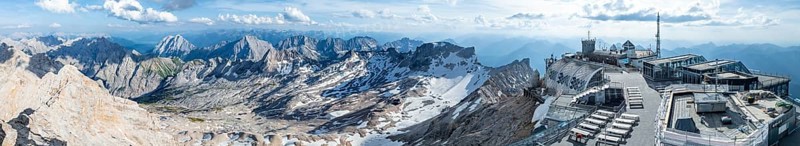 Alpine panorama, mountain station of the Zugspitzbahn, Zugspitze and Zugspitzplatt with glacier, high mountains, Bavaria, Germany, Europe