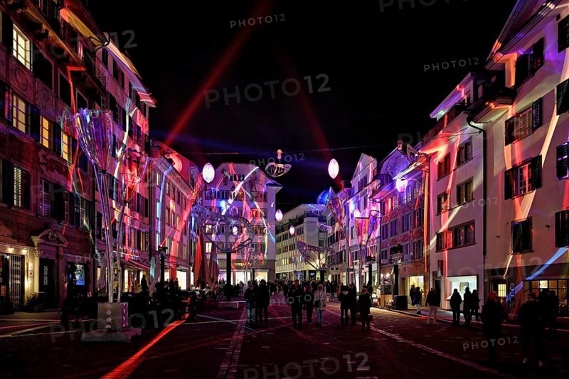 Light installation, on building facades and sculptures in the form of glasses and butterflies in the old town, Lilu, Light Festival 2025, Lucerne, Canton of Lucerne, Switzerland, Europe