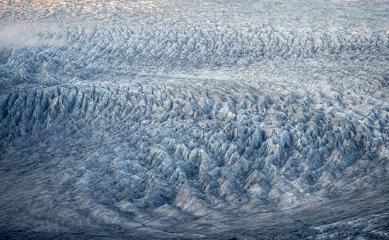 Structure of the glacier ice of Myrdalsjökull glacier in the evening light, Pakgil, Iceland, Europe