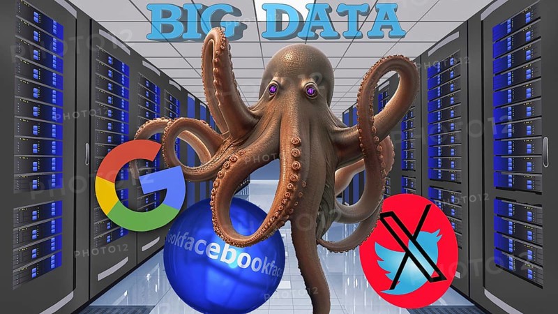 Symbolic image, Octopus - octopus as (a) Social media, mobile phone, smartphone, socialmedia, Elon Musk, Mark Zuckerberg, Donald Trump, extreme freedom of expression, denial of facts, Industry 4.0, data traffic, @ sign. Mail traffic, AI, ChatGBT, AI, OpenAI, chatbot, artificial intelligence, artificial intelligence, IT system, computer science, AI learning, IT technology, computer system, software, Apple, Google, Microsoft, creativity, questionable security, AI research, voice robots, algorithm