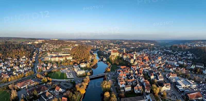 Aerial view, panorama of the town of Sigmaringen with the Hohenzollern castle, a sight and tourist attraction above the old town and the Danube with autumnal vegetation, Danube valley, district of Sigmaringen, Baden-Württemberg, Germany, Europe