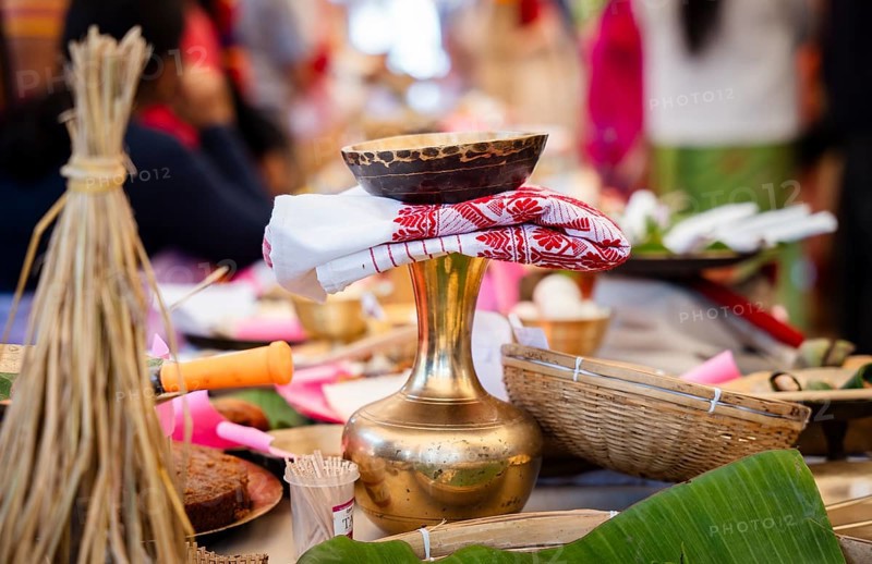 Assamese traditional food displayed at a stall to sell during Magh Bihu or Bhogali Bihu festival. Magh Bihu or Bhogali Bihu is a harvest festival which marks the end of the harvesting season in Assam
