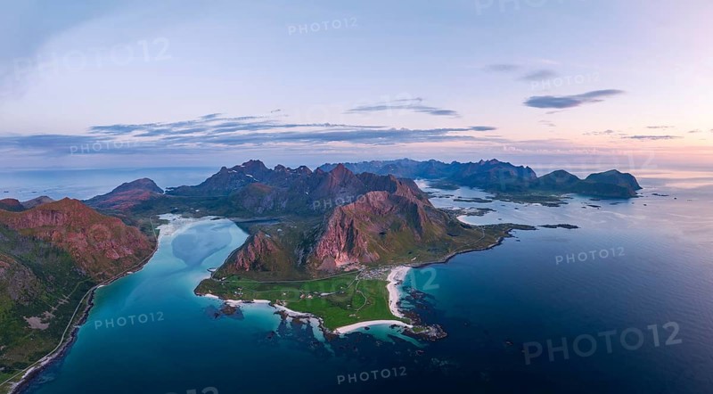 View of Flakstad and Skagsanden beach, mountains and fjord, aerial view, Lofoten, Norway, Europe