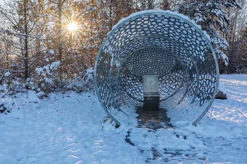 Wunderhorn art installation by Erika Harbort, metal tube with heated seat next to the Glückauf Tower, spoil tip from the former Deutschlandschacht mine in Oelsnitz in the Ore Mountains, Saxony, Germany, Europe