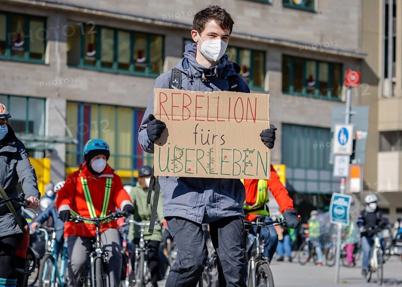 Essen, North Rhine-Westphalia, Germany - Fridays for Future, climate activists demonstrate in times of the corona pandemic corona-compliant with mask and distance under the motto #NoMoreEmptyPromises in the form of a bicycle demo, rebellion for survival