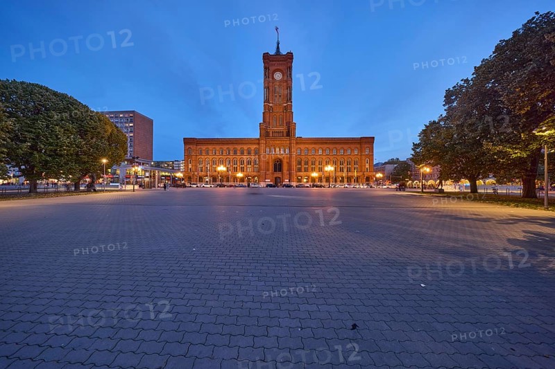 Red Town Hall with trees and square at dusk, Rathausstraße, Berlin, capital city, independent city, federal state Berlin, Germany, Europe