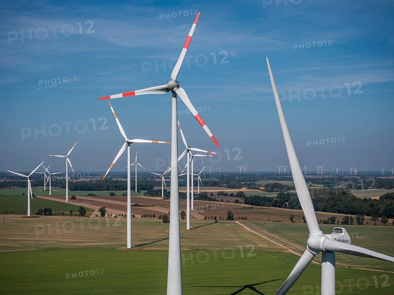 Wind farm near Anklam, drone photo of wind turbines, Sarnow, Mecklenburg-Western Pomerania, Germany, Europe