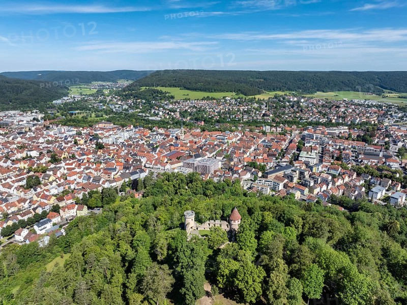 Aerial view of the town of Tuttlingen, in the foreground the ruins of Honburg Castle on the Honberg, district of Tuttlingen, Black Forest, Baar, Heuberg, Baden-Württemberg, Germany, Europe