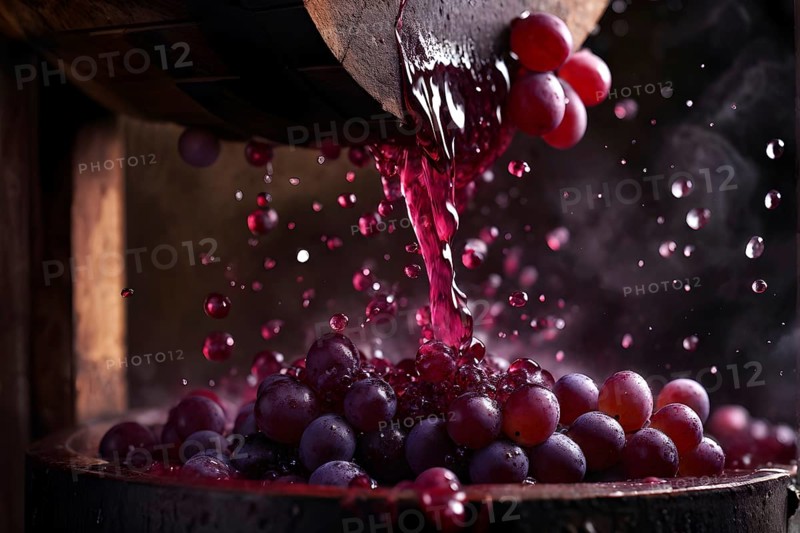 Grape cluster mid crush in a traditional wine press with dynamic flow of juice, AI generated