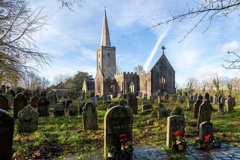 Ruins of Holy Trinity church, Buckfastleigh, north Devon, England, UK destroyed by fire in 1992