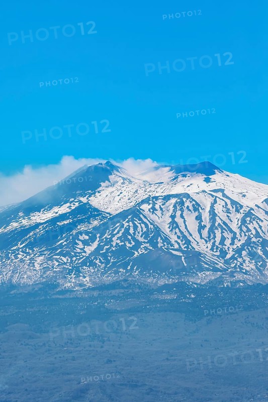 View of mount Etna from Castelmola village, Castelmola, Taormina, Sicily, Italy, Europe