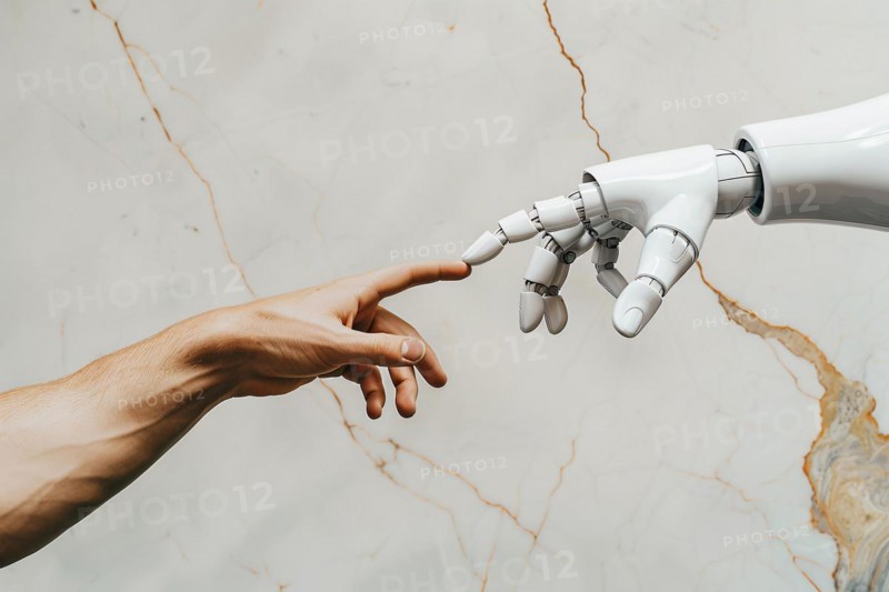 Human hand and white robotic hand reaching towards each other. KI generiert, generiert, AI generated