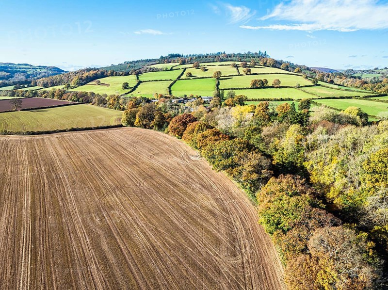 Fields and Farms over River Usk from a drone, Brecon, Brecon Beacons, Powys, Wales, England, United Kingdom, Europe