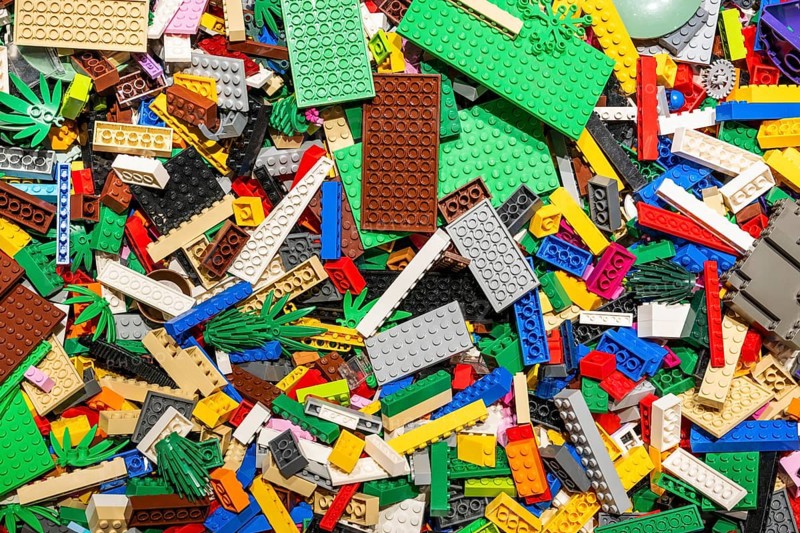 Different coloured Lego bricks and Lego plates, chaotically distributed, Copenhagen, Denmark, Europe