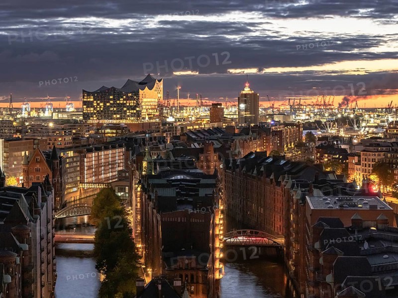 Aerial view of Hamburg warehouse district with Elbe Philharmonic Hall concert hall at sunset, Hamburg, Germany, Europe