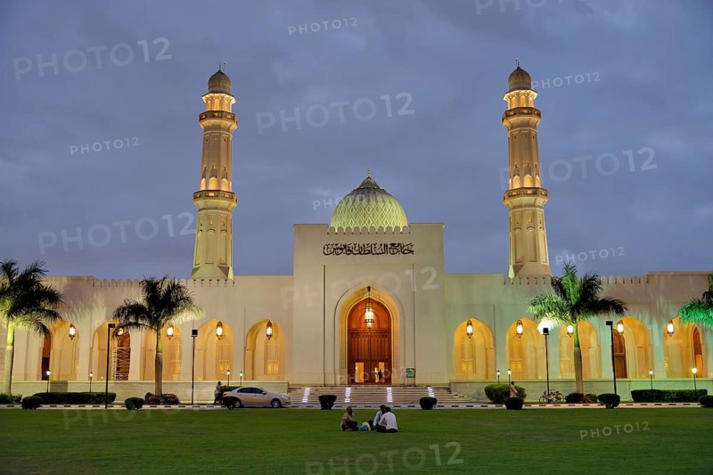 Sultan Qaboos Mosque at dusk, classical Medina architecture, Salalah, Orient, Oman, Asia