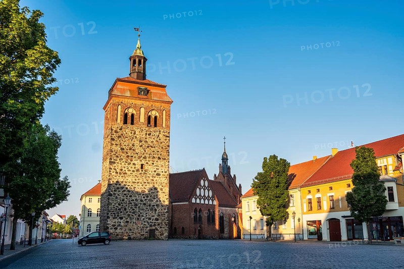 Market tower in front of St. Johanniskirche, Luckenwalde, Brandenburg, Germany, Europe