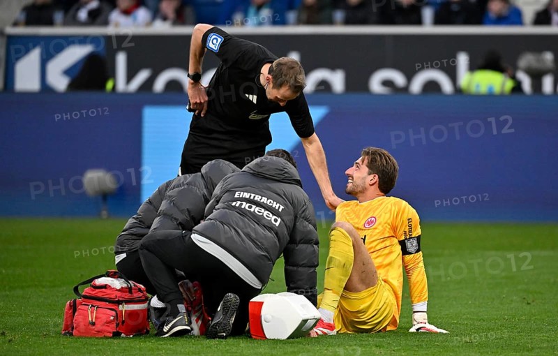 Goalkeeper Kevin Trapp Eintracht Frankfurt SGE (01) injured Injury Referee Sascha Stegemann attends PreZero Arena, Sinsheim, Baden-Württemberg, Germany, Europe