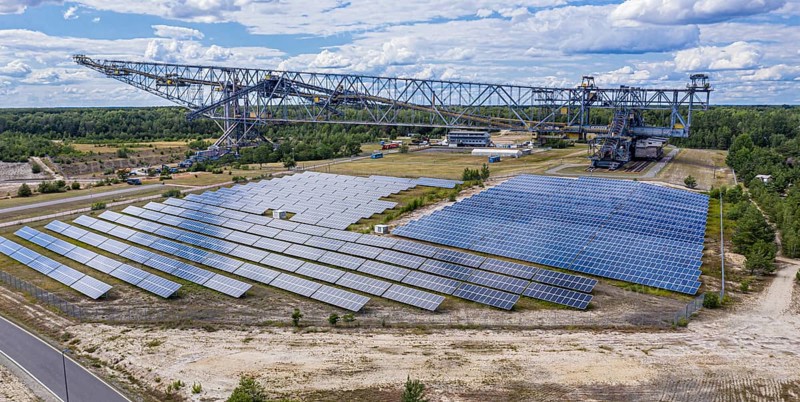 Solar plant at conveyer brigde F60 in Lichterfeld, now a museum left after coal mining. Two excavators together were able to skim a maximum of 60 metres of overburden, hence the name F60, Lusatia, Brandenburg, Germany, Europe