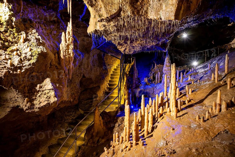 Stalagmites and stalactites in a cave, Devil's Cave Pottenstein, Franconian Switzerland, Franconia, Bavaria, Germany, Europe