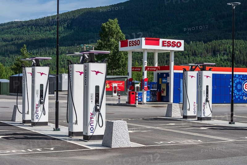 Valdresporten gas and charging station, two fuel pumps, multiple electric charging stations, Valdres, Norway, Europe