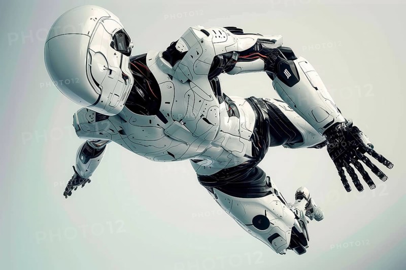 Futuristic humanoid cyborg jumping in front of a white background, AI generated