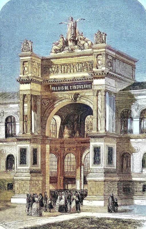 View of the main entrance to the Palace of Industry at the 1855 World's Fair, on the Champs Elysees, Paris, France, Historic, digitally restored reproduction of a 19th century original, Europe