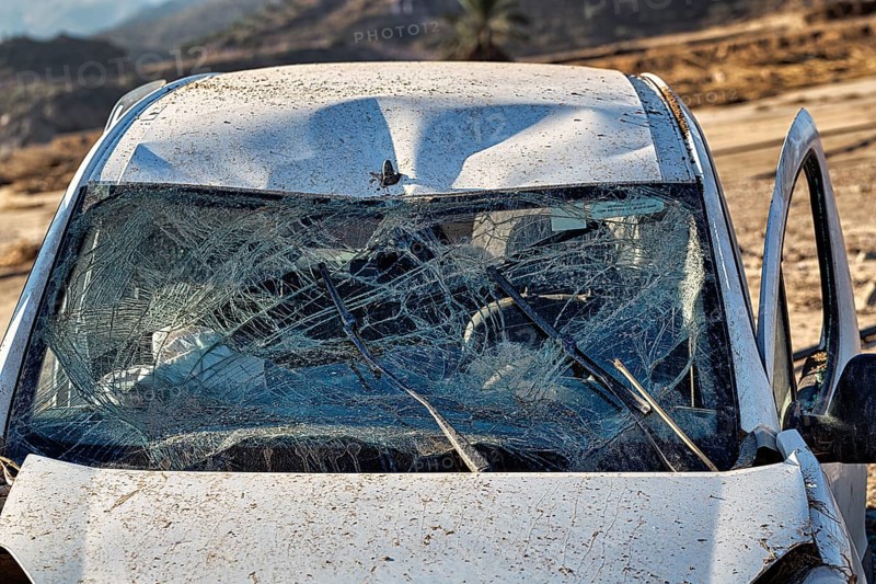 Car, shattered windscreen, total loss after flood, flood damage after flood disaster in Almeria, storm 2012, Andalusia, Spain, Europe