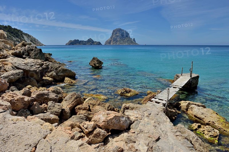 Jetty near the beach of Cala d'Hort, Sant Josep de sa Talaia, Ibiza, Balearic Islands, Spain, Europe